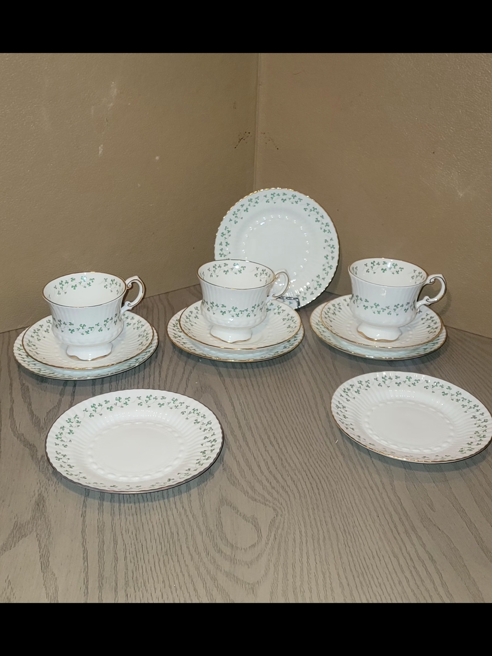 ROYAL TARA China White Teacup and Saucer Set with Green Floral WITH GOLD Trim